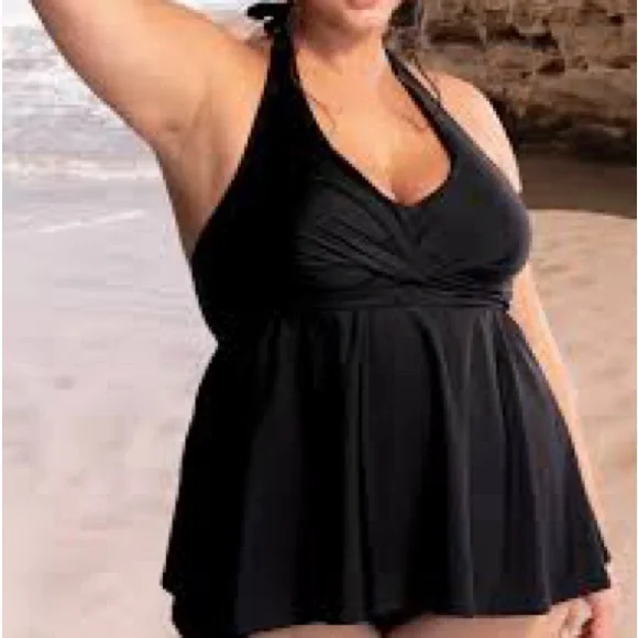 Shapermint Essentials Twist-Front V-Neck Halter Tankini Top Black XL - Picture 1 of 4